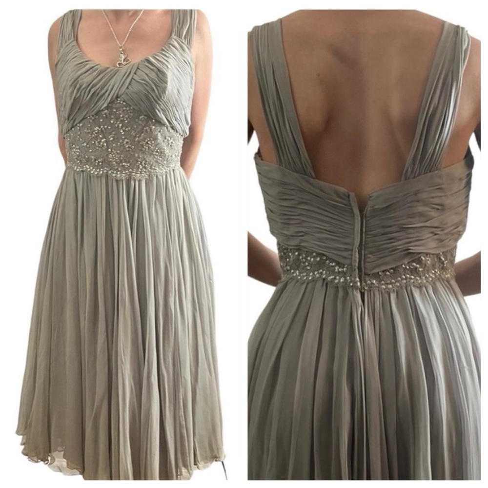 1950’s Lee Claire NY Gray Silk Chiffon & Sequin Cocktail dress, 26” Waist, Small